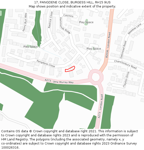 17, PANGDENE CLOSE, BURGESS HILL, RH15 9US: Location map and indicative extent of plot