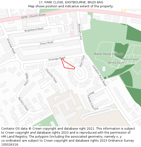 17, PARK CLOSE, EASTBOURNE, BN20 8AG: Location map and indicative extent of plot