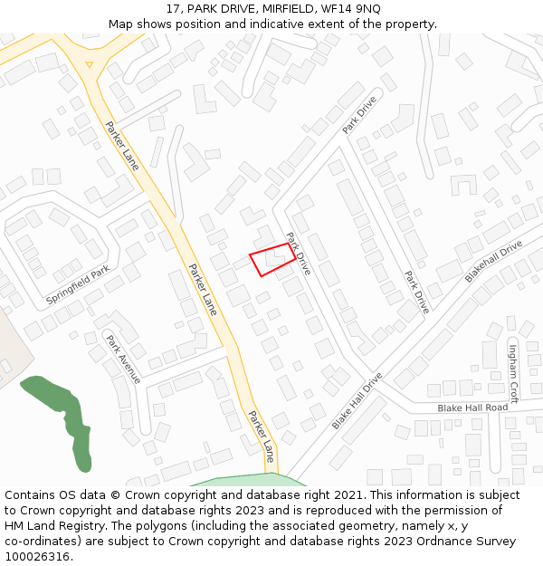 17, PARK DRIVE, MIRFIELD, WF14 9NQ: Location map and indicative extent of plot