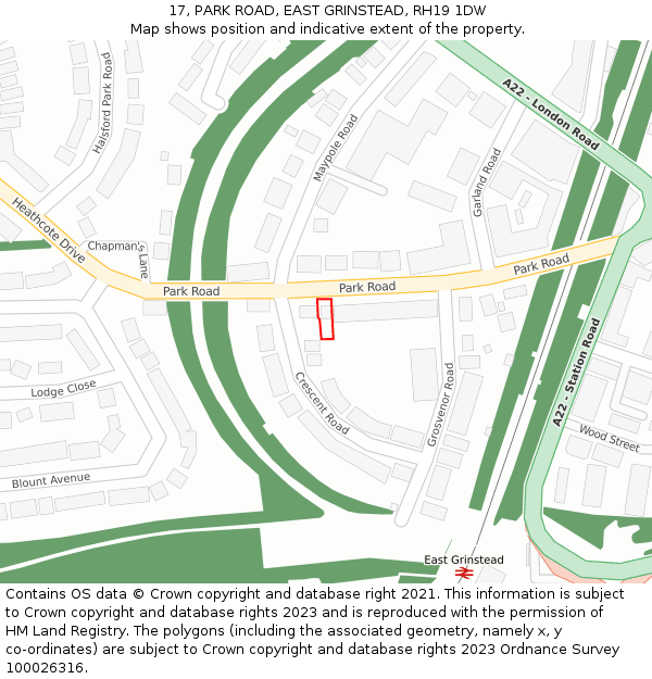 17, PARK ROAD, EAST GRINSTEAD, RH19 1DW: Location map and indicative extent of plot