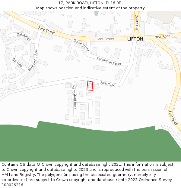 17, PARK ROAD, LIFTON, PL16 0BL: Location map and indicative extent of plot