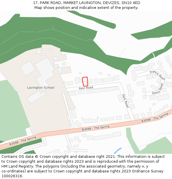 17, PARK ROAD, MARKET LAVINGTON, DEVIZES, SN10 4ED: Location map and indicative extent of plot