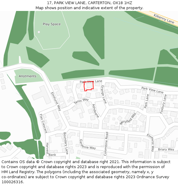 17, PARK VIEW LANE, CARTERTON, OX18 1HZ: Location map and indicative extent of plot