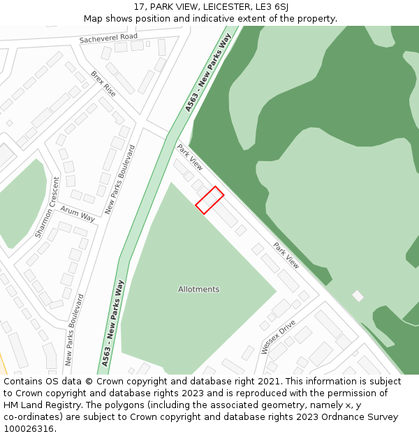17, PARK VIEW, LEICESTER, LE3 6SJ: Location map and indicative extent of plot