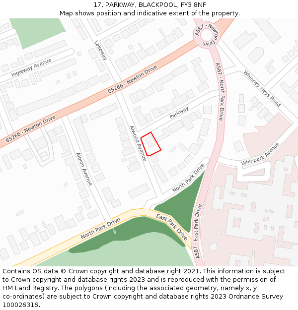 17, PARKWAY, BLACKPOOL, FY3 8NF: Location map and indicative extent of plot
