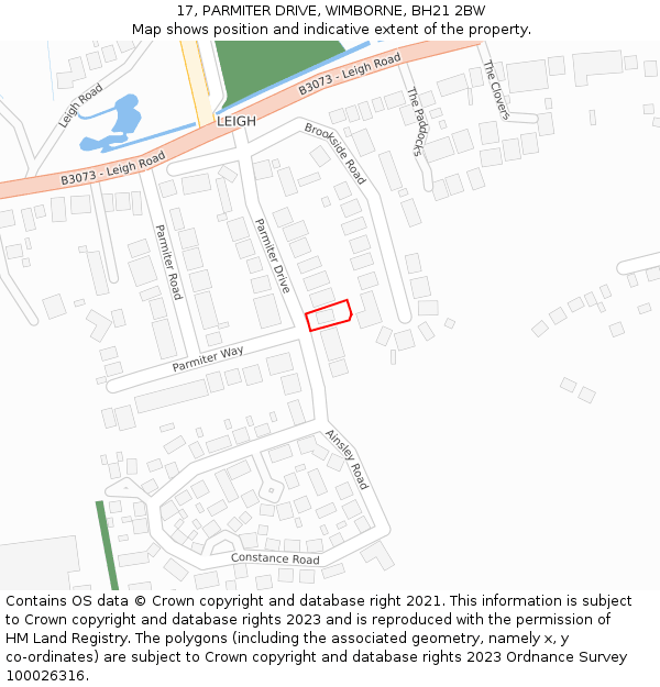 17, PARMITER DRIVE, WIMBORNE, BH21 2BW: Location map and indicative extent of plot