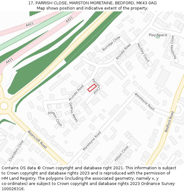 17, PARRISH CLOSE, MARSTON MORETAINE, BEDFORD, MK43 0AG: Location map and indicative extent of plot