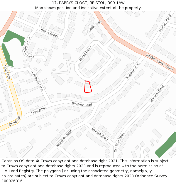 17, PARRYS CLOSE, BRISTOL, BS9 1AW: Location map and indicative extent of plot