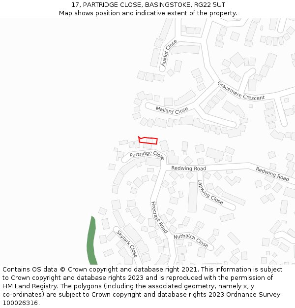 17, PARTRIDGE CLOSE, BASINGSTOKE, RG22 5UT: Location map and indicative extent of plot