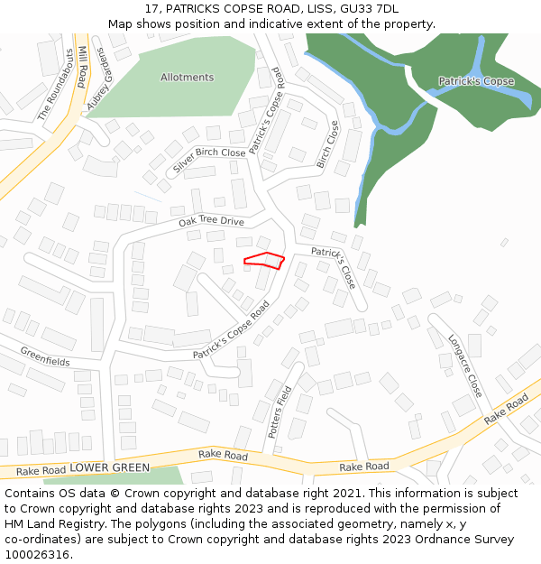 17, PATRICKS COPSE ROAD, LISS, GU33 7DL: Location map and indicative extent of plot