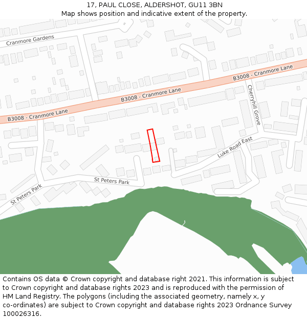 17, PAUL CLOSE, ALDERSHOT, GU11 3BN: Location map and indicative extent of plot