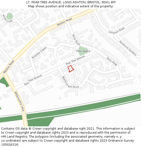 17, PEAR TREE AVENUE, LONG ASHTON, BRISTOL, BS41 9FF: Location map and indicative extent of plot