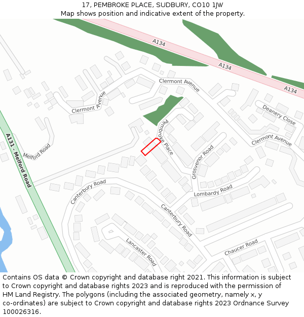 17, PEMBROKE PLACE, SUDBURY, CO10 1JW: Location map and indicative extent of plot