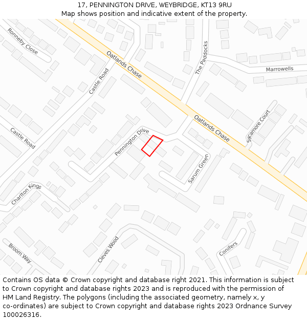17, PENNINGTON DRIVE, WEYBRIDGE, KT13 9RU: Location map and indicative extent of plot