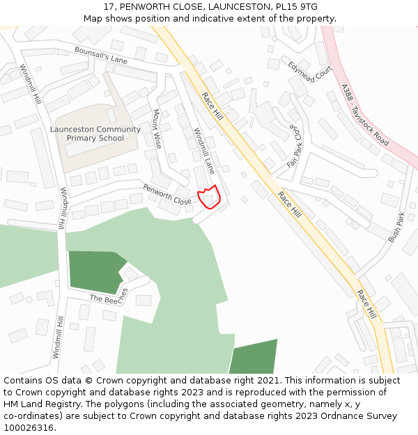 17, PENWORTH CLOSE, LAUNCESTON, PL15 9TG: Location map and indicative extent of plot