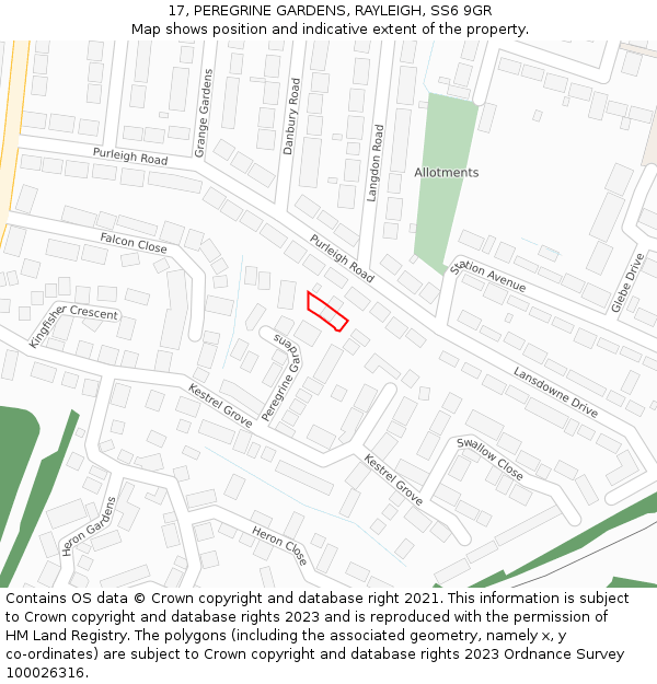 17, PEREGRINE GARDENS, RAYLEIGH, SS6 9GR: Location map and indicative extent of plot