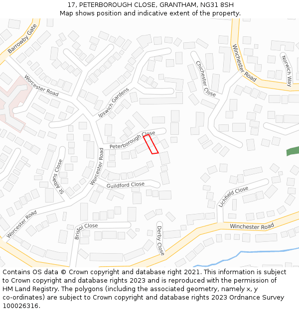 17, PETERBOROUGH CLOSE, GRANTHAM, NG31 8SH: Location map and indicative extent of plot