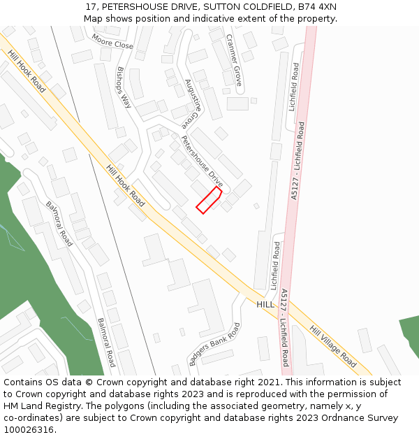 17, PETERSHOUSE DRIVE, SUTTON COLDFIELD, B74 4XN: Location map and indicative extent of plot