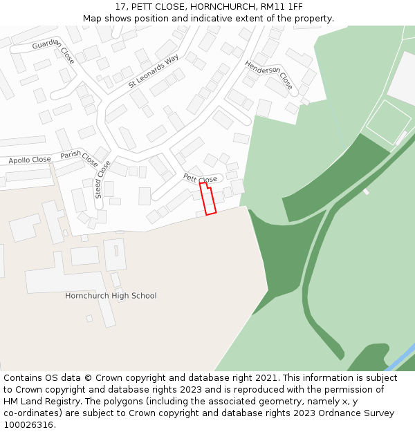 17, PETT CLOSE, HORNCHURCH, RM11 1FF: Location map and indicative extent of plot