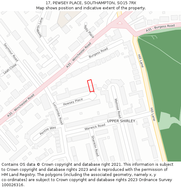 17, PEWSEY PLACE, SOUTHAMPTON, SO15 7RX: Location map and indicative extent of plot