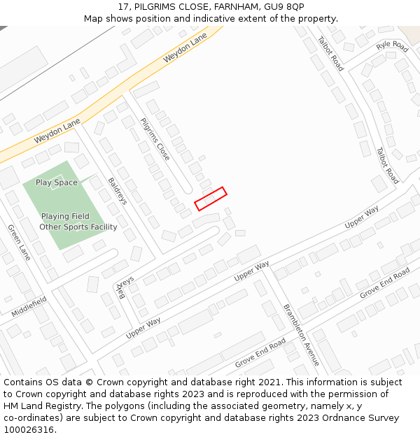 17, PILGRIMS CLOSE, FARNHAM, GU9 8QP: Location map and indicative extent of plot