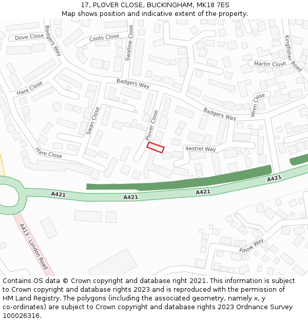 17, PLOVER CLOSE, BUCKINGHAM, MK18 7ES: Location map and indicative extent of plot