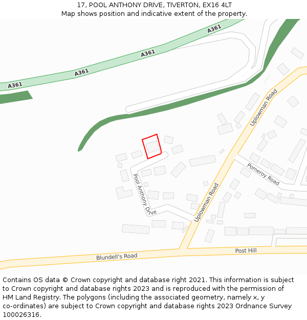 17, POOL ANTHONY DRIVE, TIVERTON, EX16 4LT: Location map and indicative extent of plot