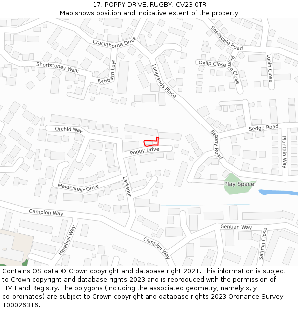 17, POPPY DRIVE, RUGBY, CV23 0TR: Location map and indicative extent of plot