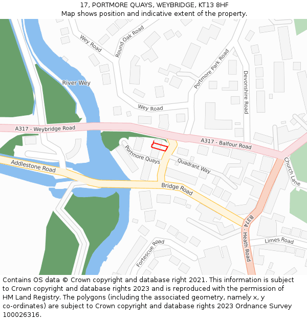 17, PORTMORE QUAYS, WEYBRIDGE, KT13 8HF: Location map and indicative extent of plot