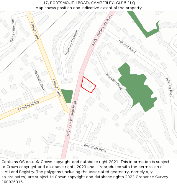 17, PORTSMOUTH ROAD, CAMBERLEY, GU15 1LQ: Location map and indicative extent of plot