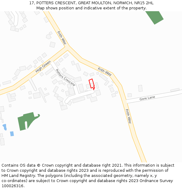 17, POTTERS CRESCENT, GREAT MOULTON, NORWICH, NR15 2HL: Location map and indicative extent of plot