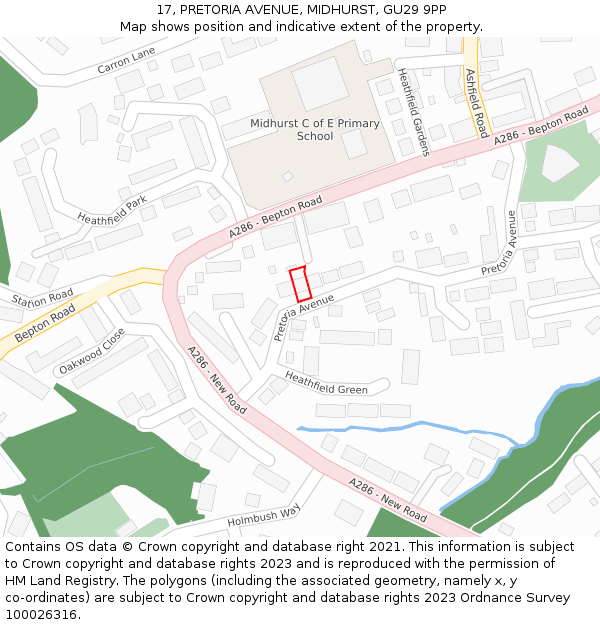 17, PRETORIA AVENUE, MIDHURST, GU29 9PP: Location map and indicative extent of plot
