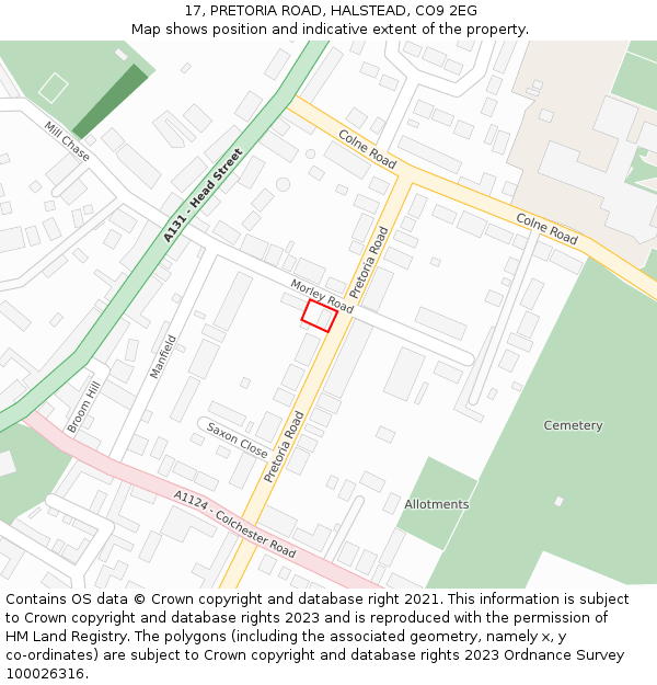 17, PRETORIA ROAD, HALSTEAD, CO9 2EG: Location map and indicative extent of plot