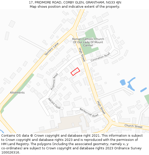 17, PRIDMORE ROAD, CORBY GLEN, GRANTHAM, NG33 4JN: Location map and indicative extent of plot