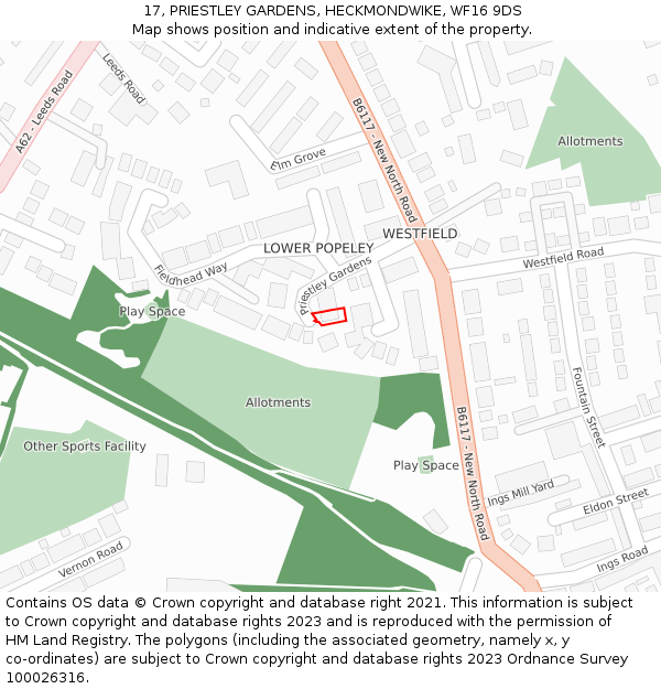 17, PRIESTLEY GARDENS, HECKMONDWIKE, WF16 9DS: Location map and indicative extent of plot