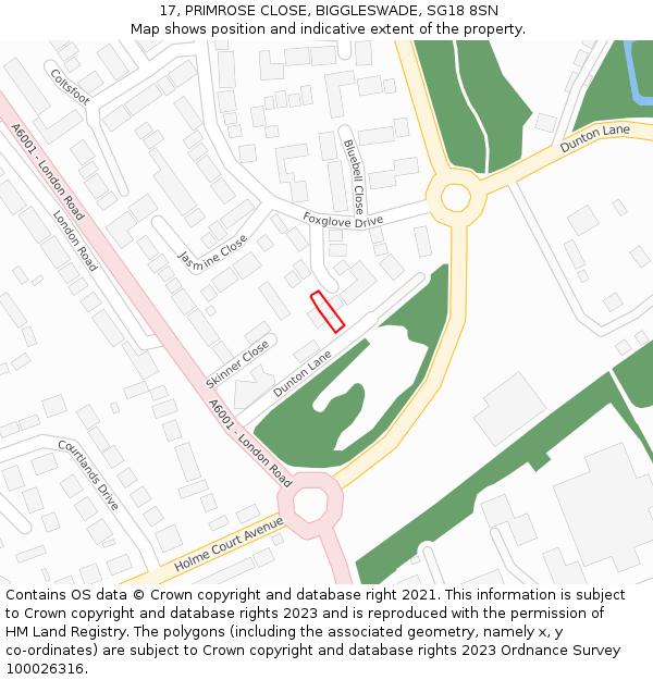 17, PRIMROSE CLOSE, BIGGLESWADE, SG18 8SN: Location map and indicative extent of plot