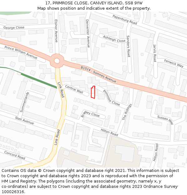 17, PRIMROSE CLOSE, CANVEY ISLAND, SS8 9YW: Location map and indicative extent of plot