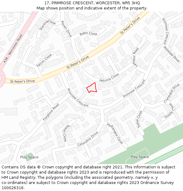 17, PRIMROSE CRESCENT, WORCESTER, WR5 3HQ: Location map and indicative extent of plot