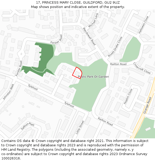 17, PRINCESS MARY CLOSE, GUILDFORD, GU2 9UZ: Location map and indicative extent of plot