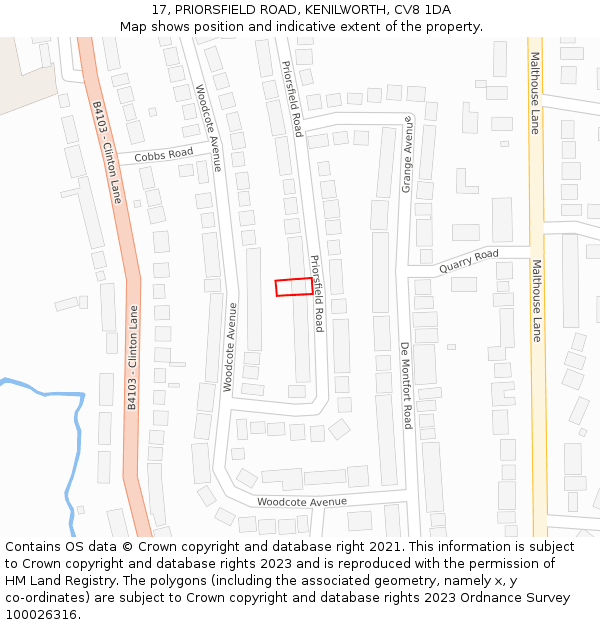 17, PRIORSFIELD ROAD, KENILWORTH, CV8 1DA: Location map and indicative extent of plot