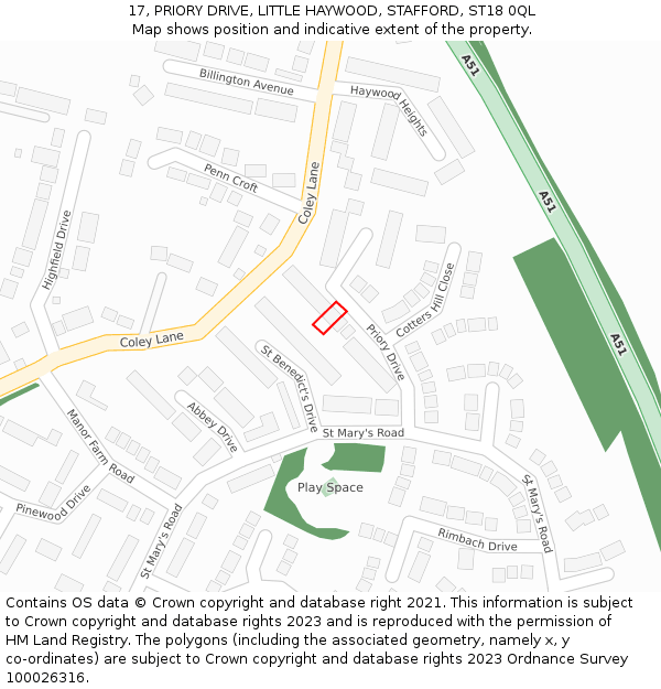 17, PRIORY DRIVE, LITTLE HAYWOOD, STAFFORD, ST18 0QL: Location map and indicative extent of plot