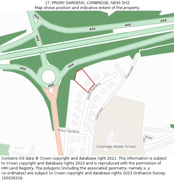 17, PRIORY GARDENS, CORBRIDGE, NE45 5HZ: Location map and indicative extent of plot