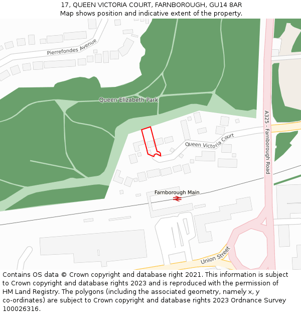 17, QUEEN VICTORIA COURT, FARNBOROUGH, GU14 8AR: Location map and indicative extent of plot