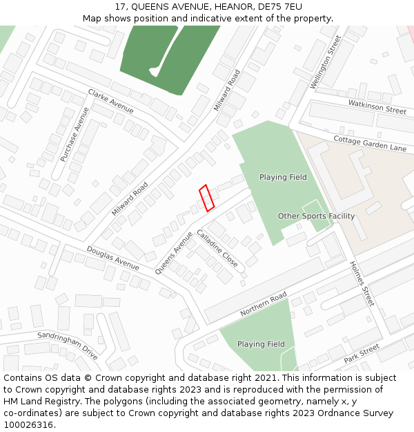 17, QUEENS AVENUE, HEANOR, DE75 7EU: Location map and indicative extent of plot