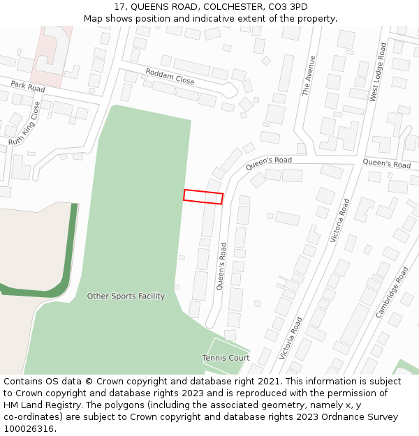 17, QUEENS ROAD, COLCHESTER, CO3 3PD: Location map and indicative extent of plot