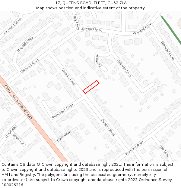 17, QUEENS ROAD, FLEET, GU52 7LA: Location map and indicative extent of plot
