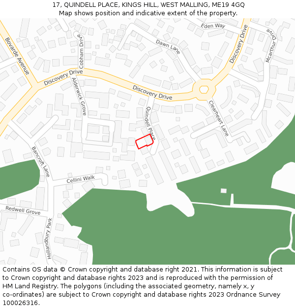 17, QUINDELL PLACE, KINGS HILL, WEST MALLING, ME19 4GQ: Location map and indicative extent of plot