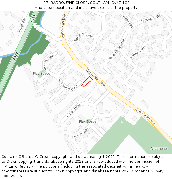 17, RADBOURNE CLOSE, SOUTHAM, CV47 1GF: Location map and indicative extent of plot