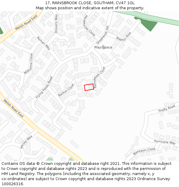 17, RAINSBROOK CLOSE, SOUTHAM, CV47 1GL: Location map and indicative extent of plot