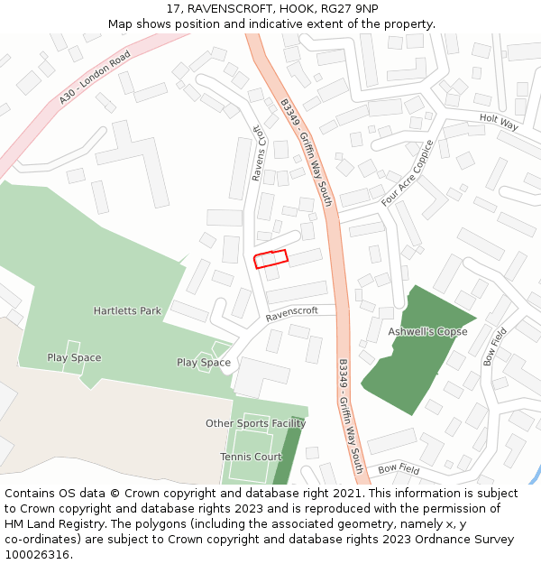 17, RAVENSCROFT, HOOK, RG27 9NP: Location map and indicative extent of plot